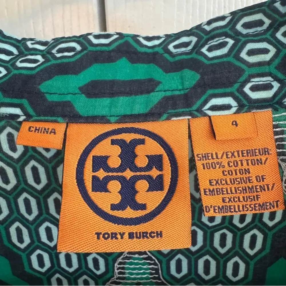 Tory Burch Women's Geometric Sequin 3/4 Sleeve‎ V Neck Tunic Sz 4 Green, Sparkle